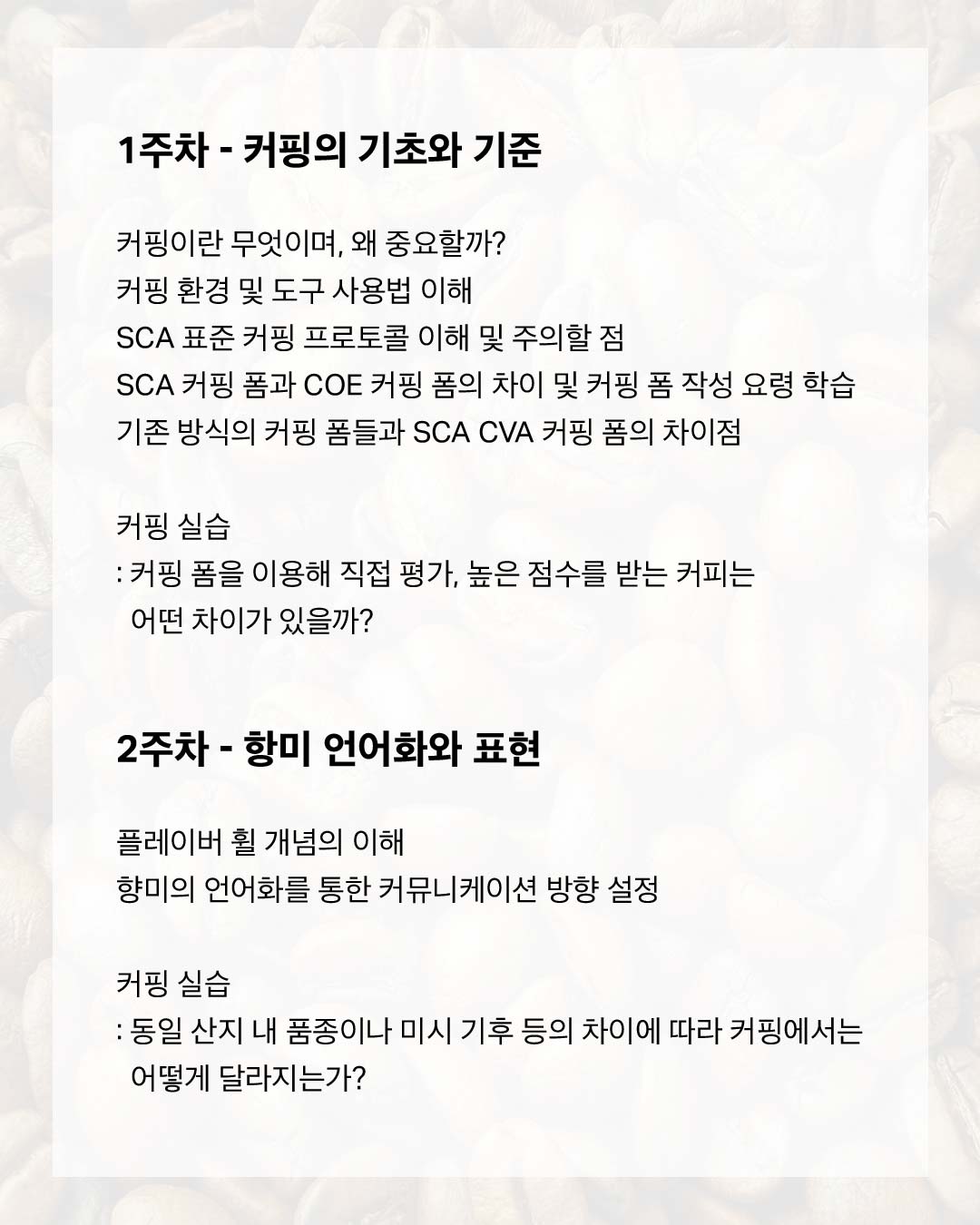 3. 1주차 커핑의 기초와 기준, 2주차 향미 언어화와 표현
